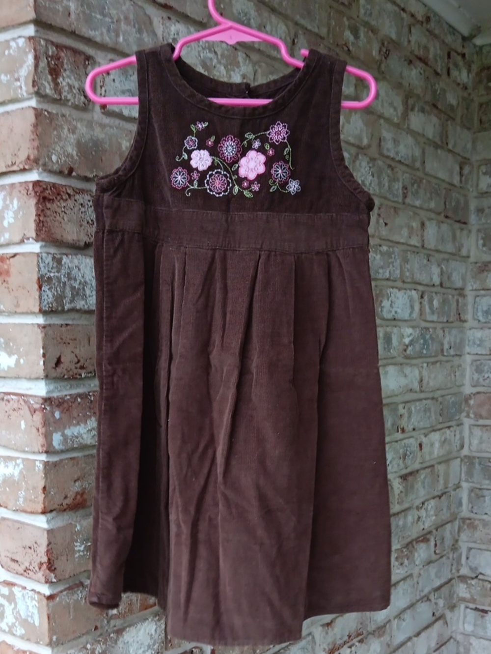 Maggie & Zoe Brown Cotton Corduroy Dress with Pink Floral Embroidery